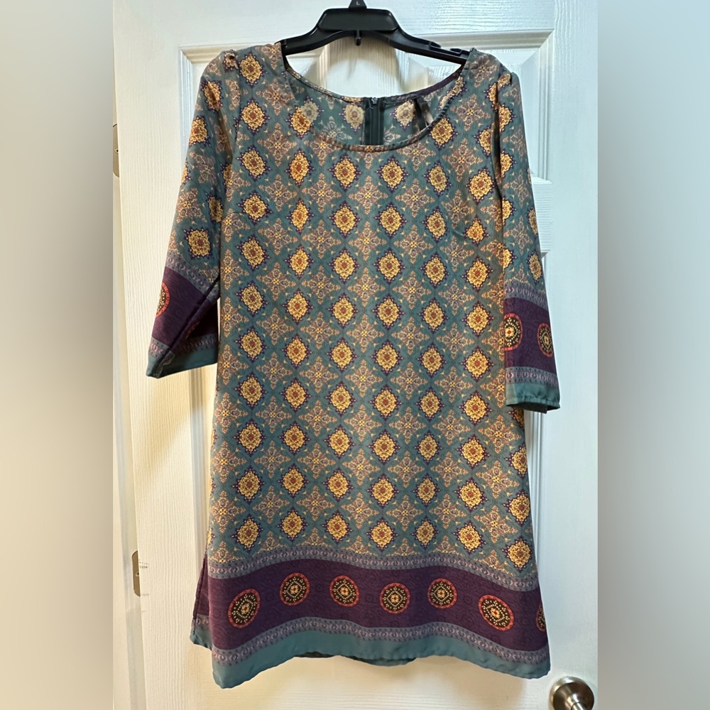 Mona B Medieval Mustard Maroon Green Shift Dress 3/4 Sleeve Size Large.